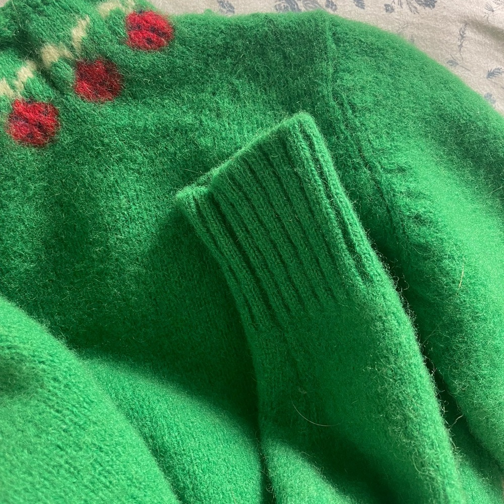 Vintage Green Cropped Sweater with ladybugs or strawberries